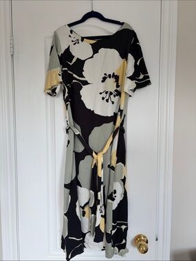 Esprit Black, White & Yellow Floral Tie-Waist Midi Dress